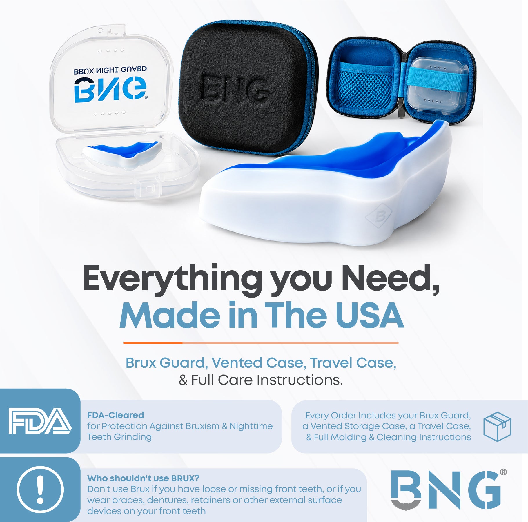 What's included with the Brux Night Guard: the guard, a vented storage case, a travel case and full care instructions