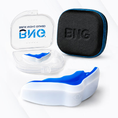 Brux Night Guard mouth guard for teeth grinding, shown with its clear vented storage case and black zippered travel case
